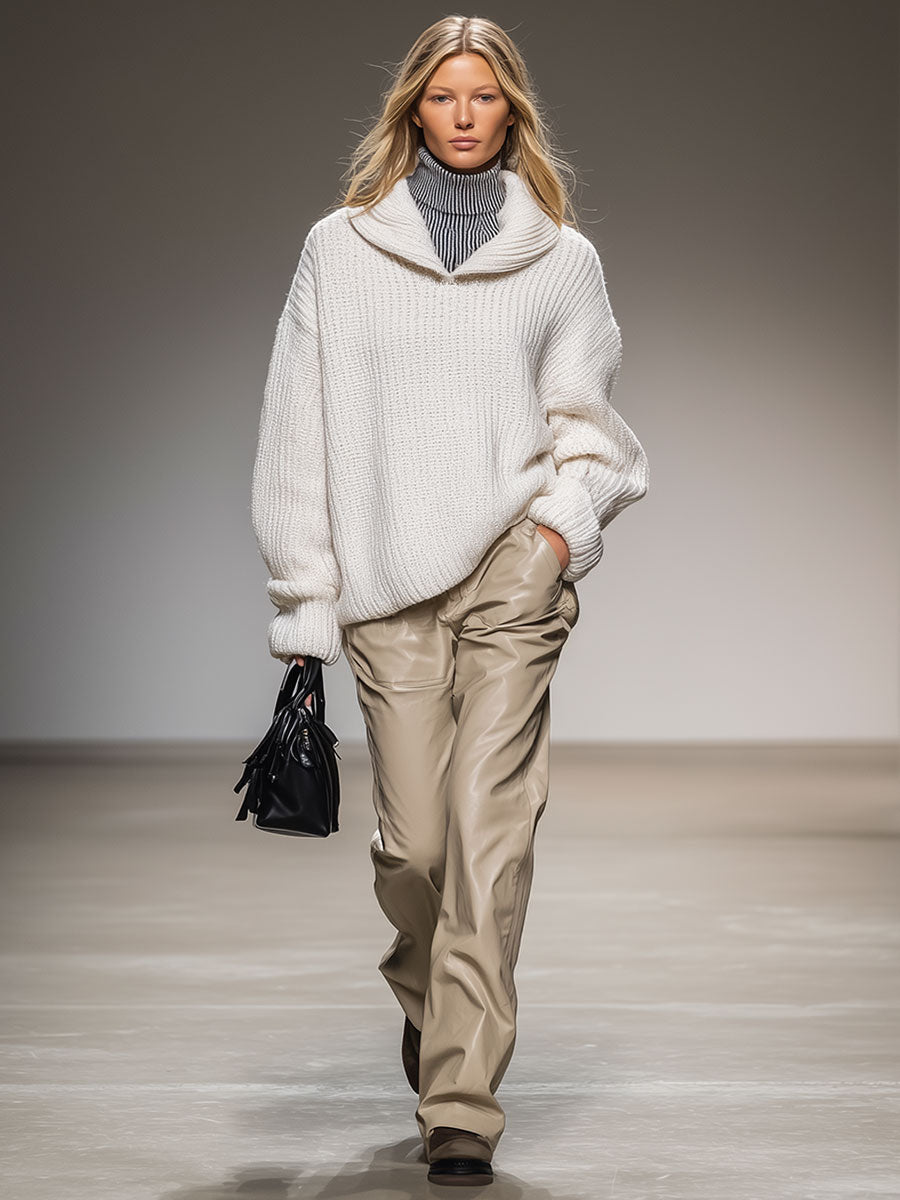 High-End Fashion Loose Lapel White Knitted Sweater