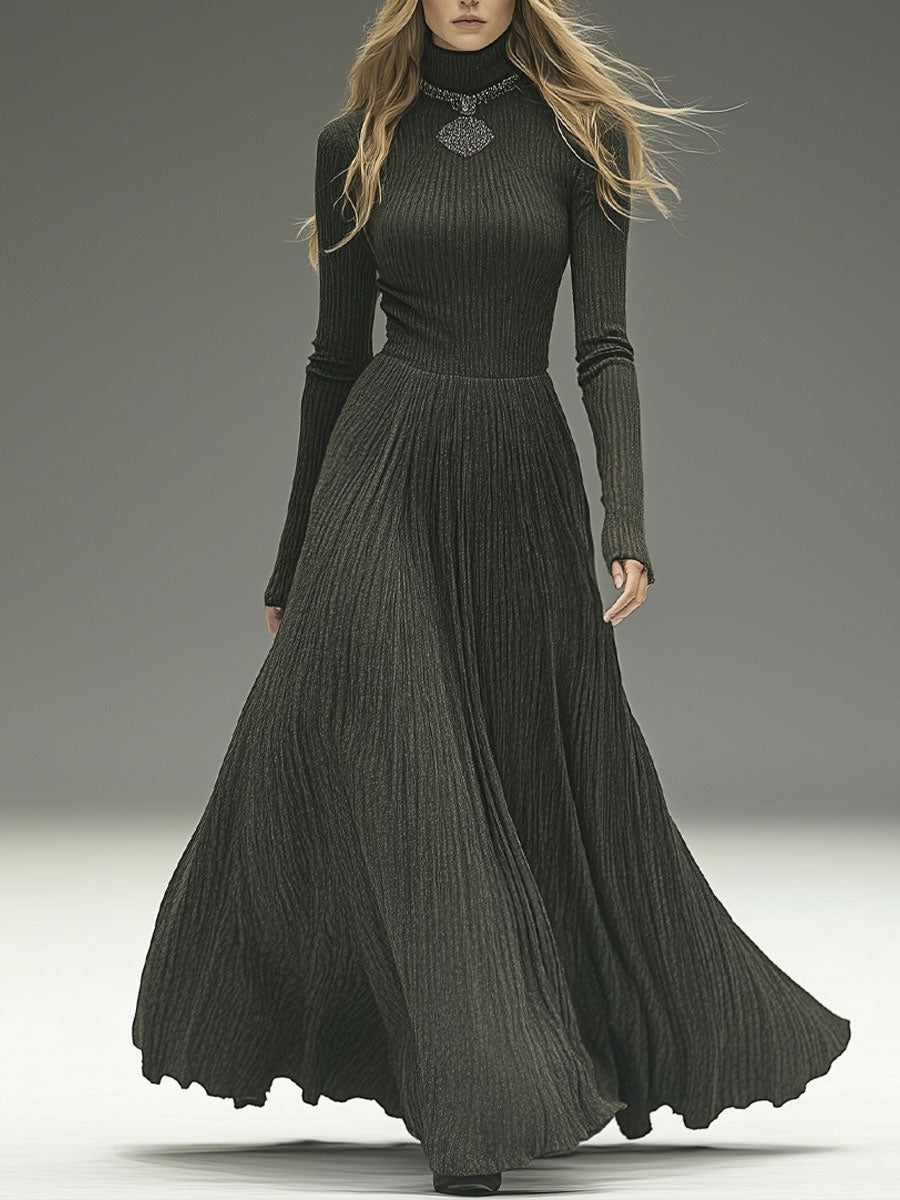 Fashionable And Elegant Gray-Green High-Neck Ribbed Woolen Maxi Dress