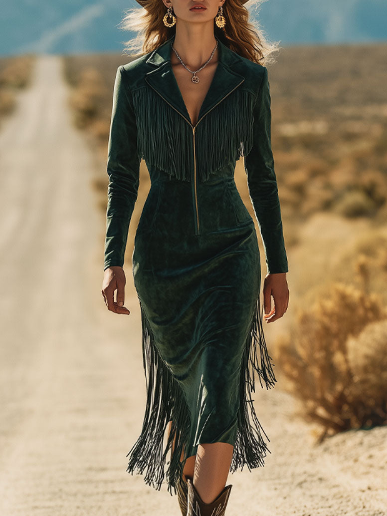 Western Retro Dark Green Eco-friendly Suede Lapel Tassel Long Sleeve Midi Dress