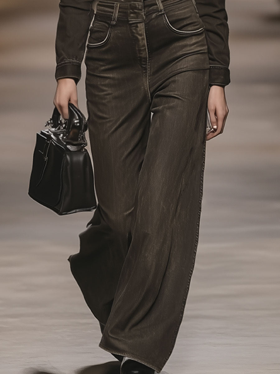 Retro Fashion Brown Washed Denim Lapel Long-Sleeved Jumpsuit