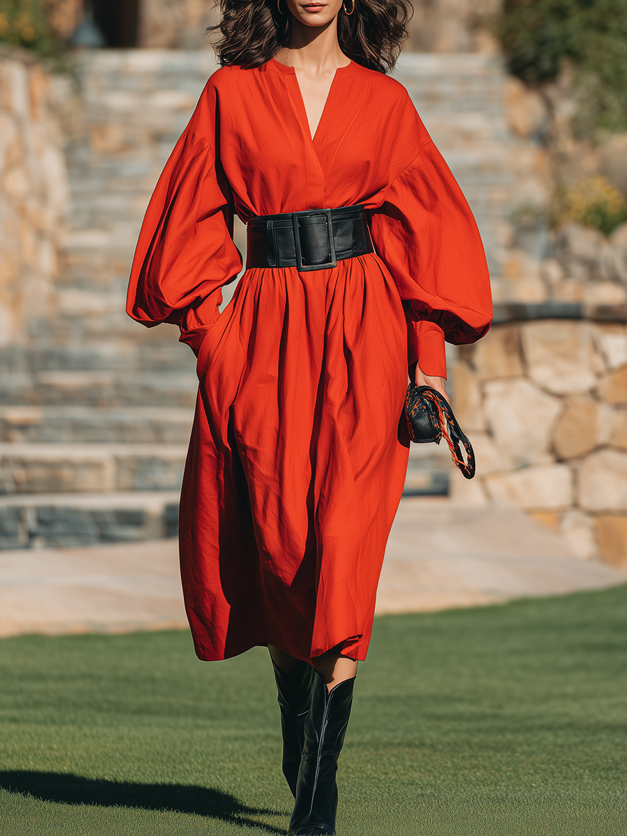 Cotton Resort-style Red Long-sleeved Midi Dress