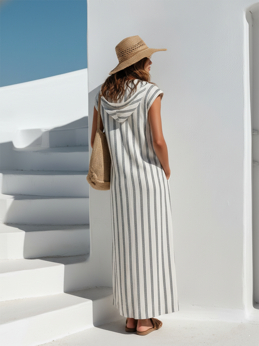 Resort-style Black And White Striped Sleeveless Hooded Maxi Dress