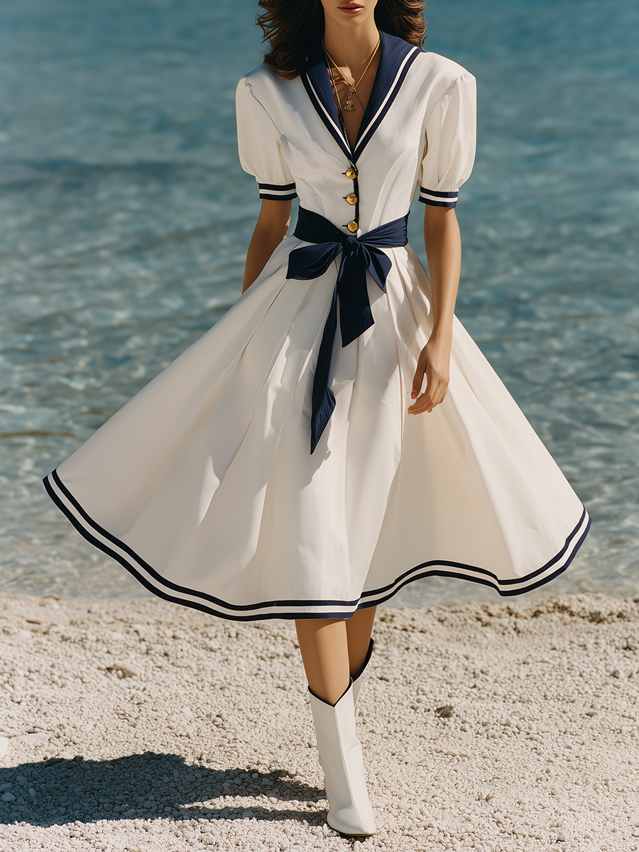 Navy Collar Resort Style White Short-sleeved Midi Dress