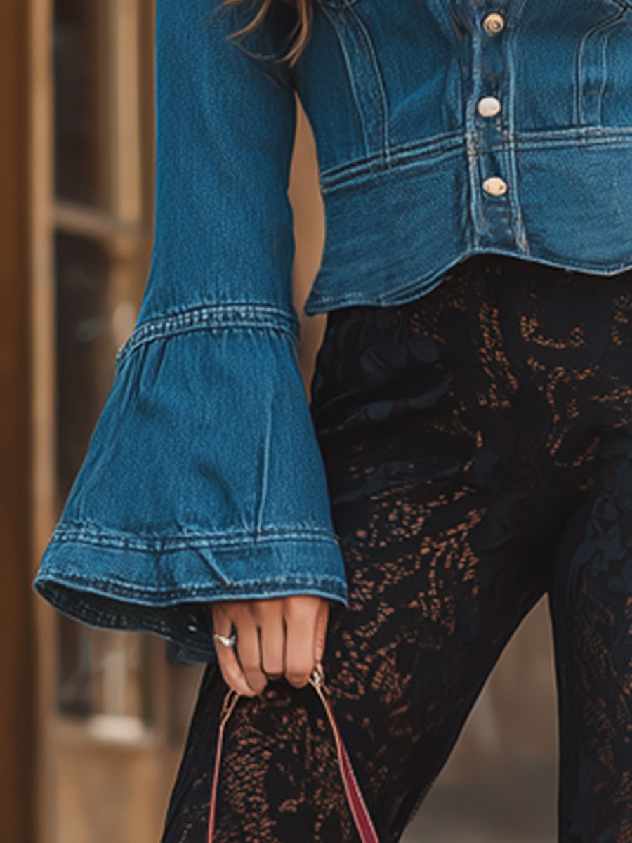 Vintage Elegant Blue Denim Flared Jacket