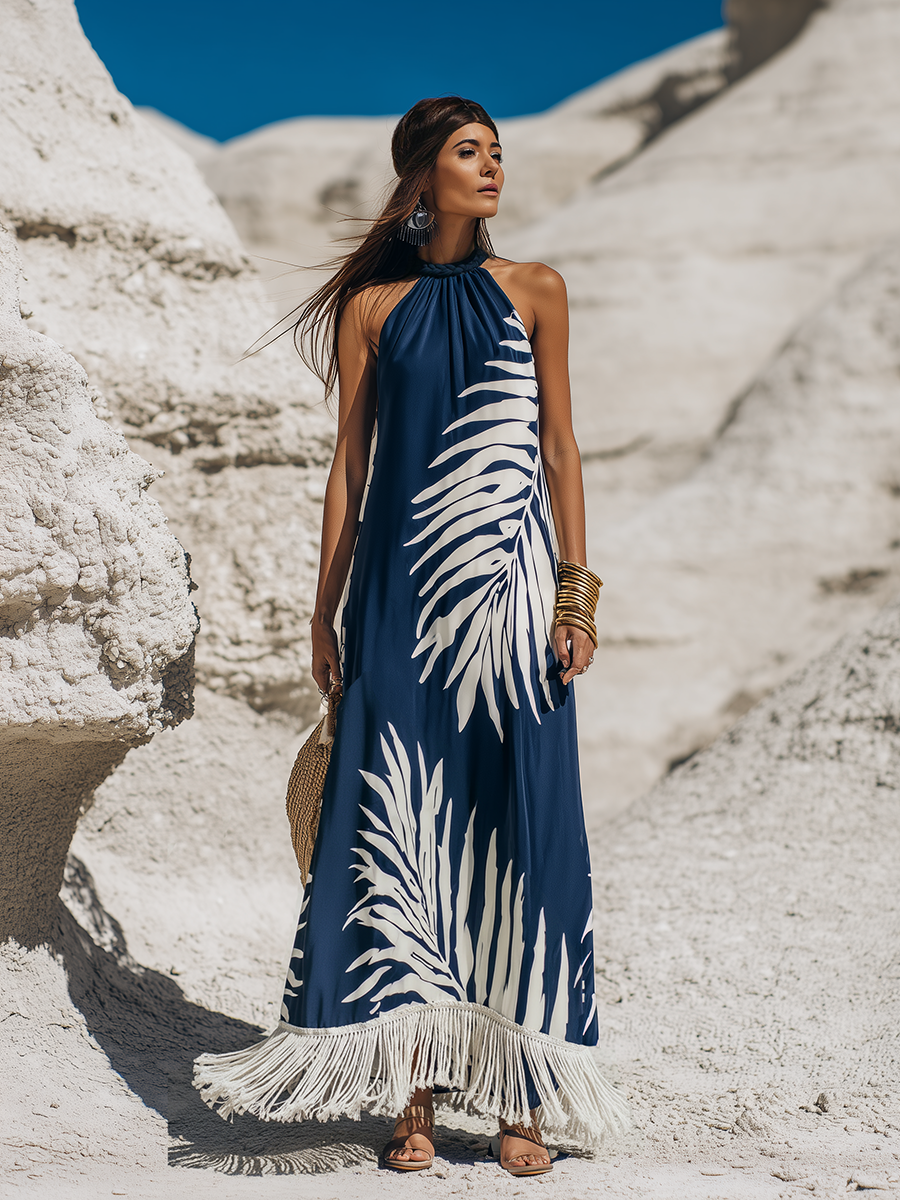 Bohemian Braided Neckline White Print White Fringed Hem Dark Blue Satin Maxi Dress