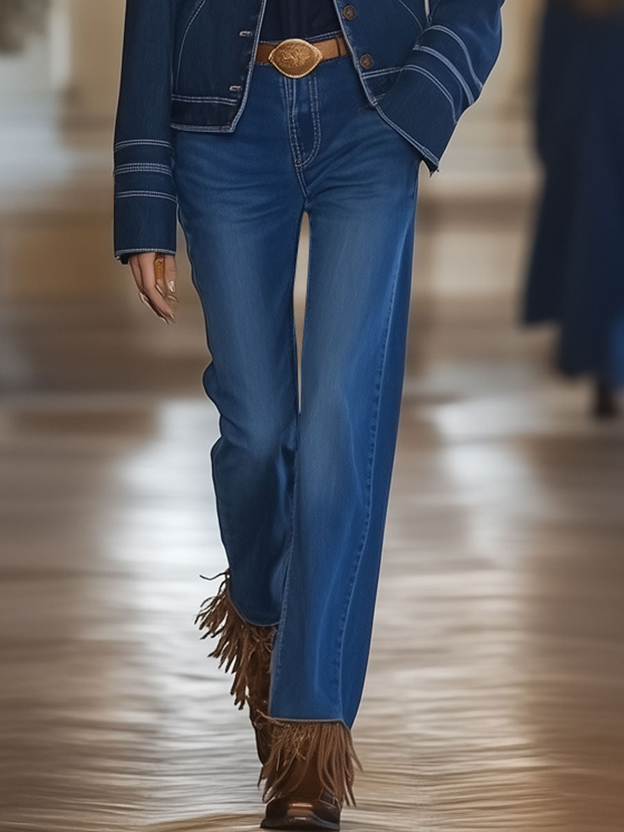 Casual Vintage Fringe Straight Dark Blue Jeans
