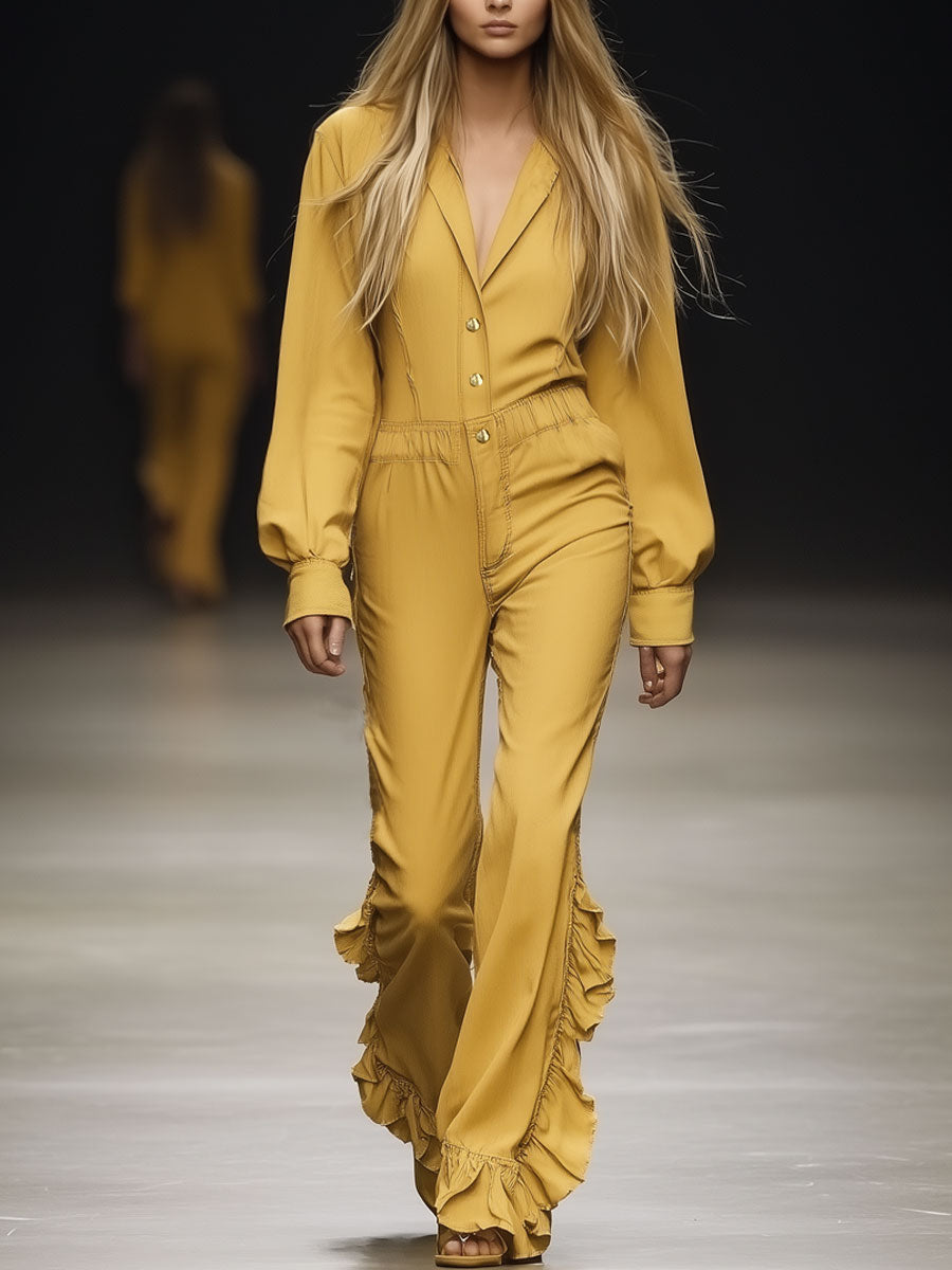Fashion Retro Naples Yellow Washed Cotton Lapel Jumpsuit
