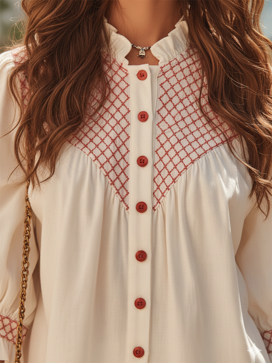 Romantic Bohemian Style Ruffled Neckline Red Embroidered Off-white Shirt