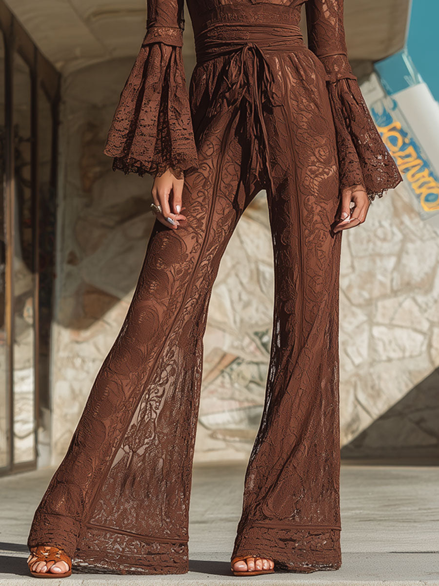Retro Elegant Brown Lace Long Sleeve Flared Jumpsuit