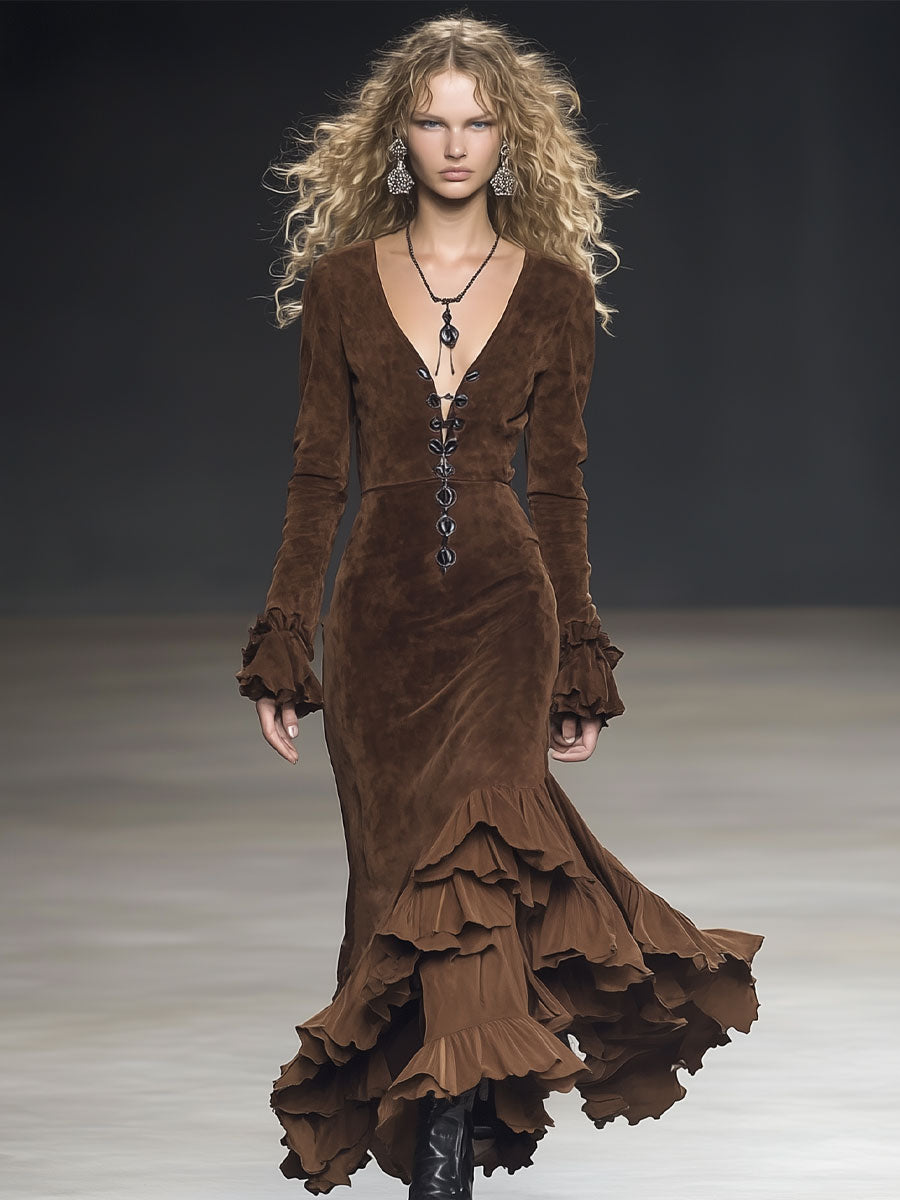 Vintage Cocoa Brown Suede V-Neck Long Sleeve Ruffle Maxi Dress