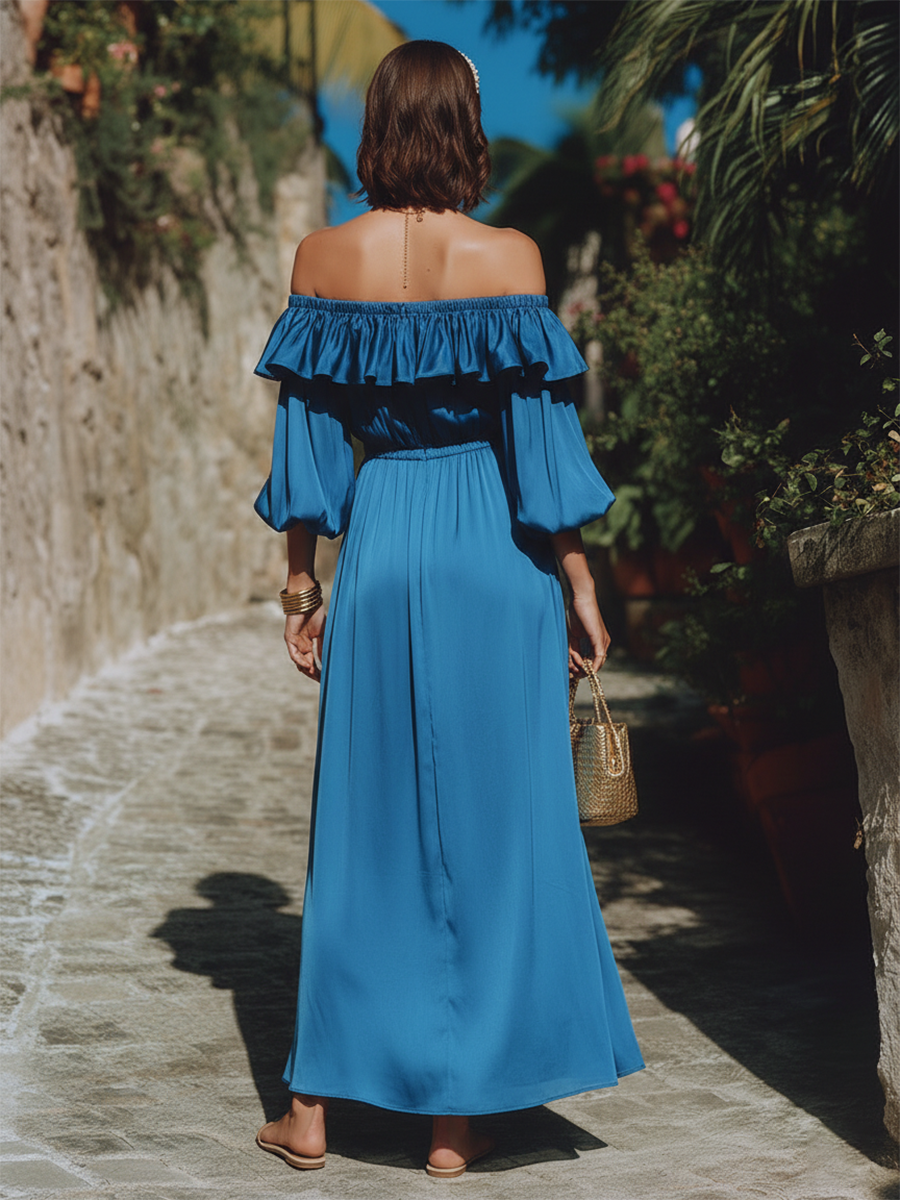 Romantic Ruffled Off-the-shoulder Split Hem Sapphire Blue Satin Maxi Dress