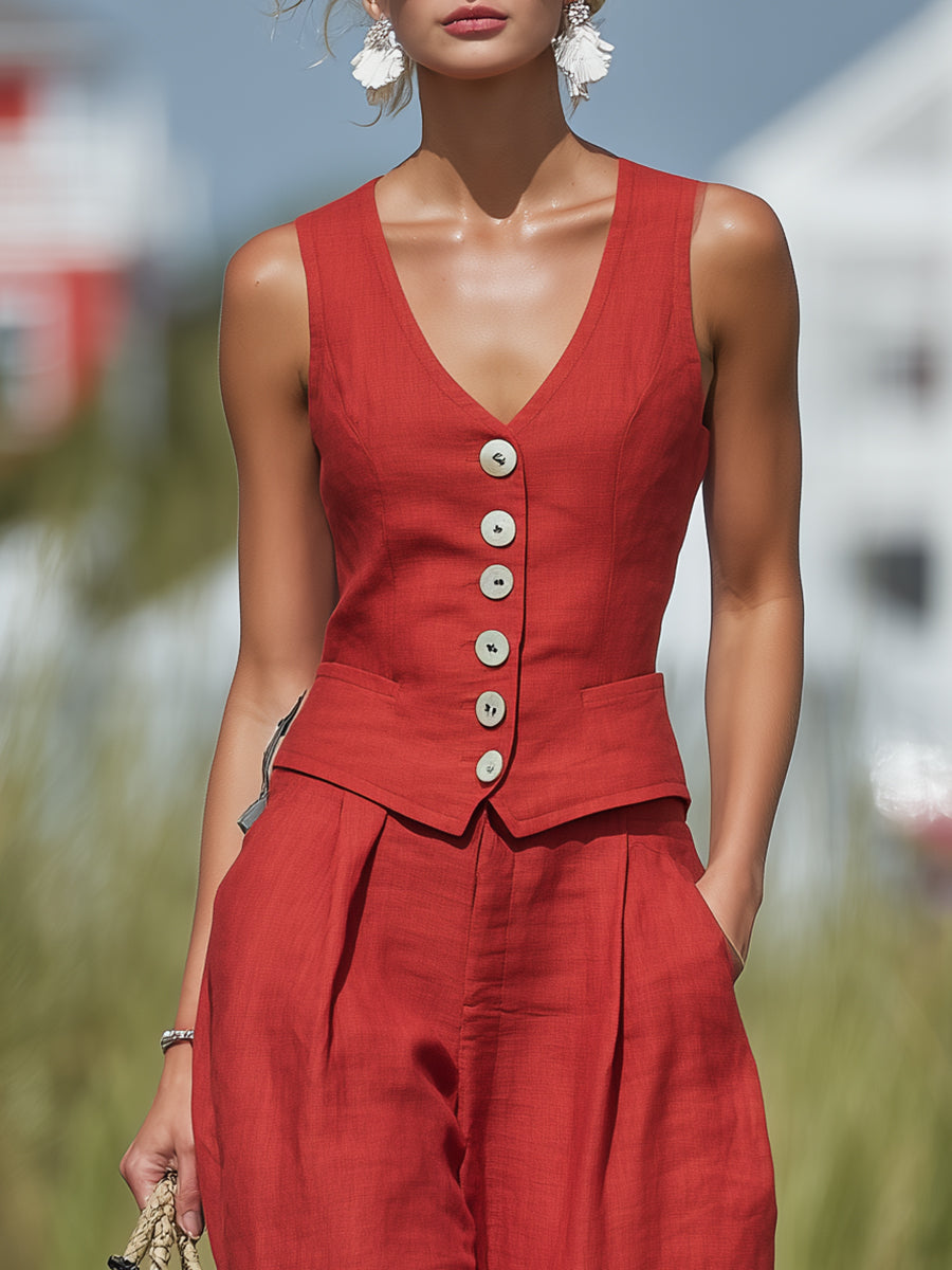 Fashionable Vacation Style Red Cotton Linen White Button Vest Ruffled Lantern Pants Set