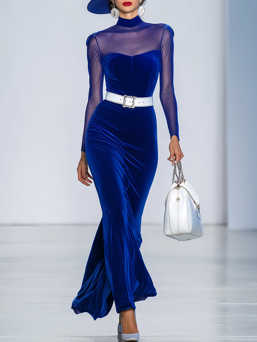 Elegant Blue Velvet Splicing Mesh Round Neck Maxi Dress