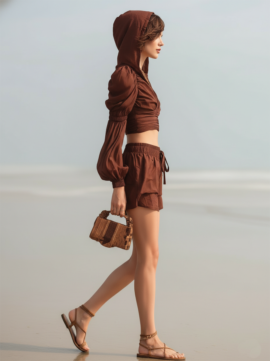 Vacation-style Chiffon V-neck Long-sleeved Top And Shorts Set