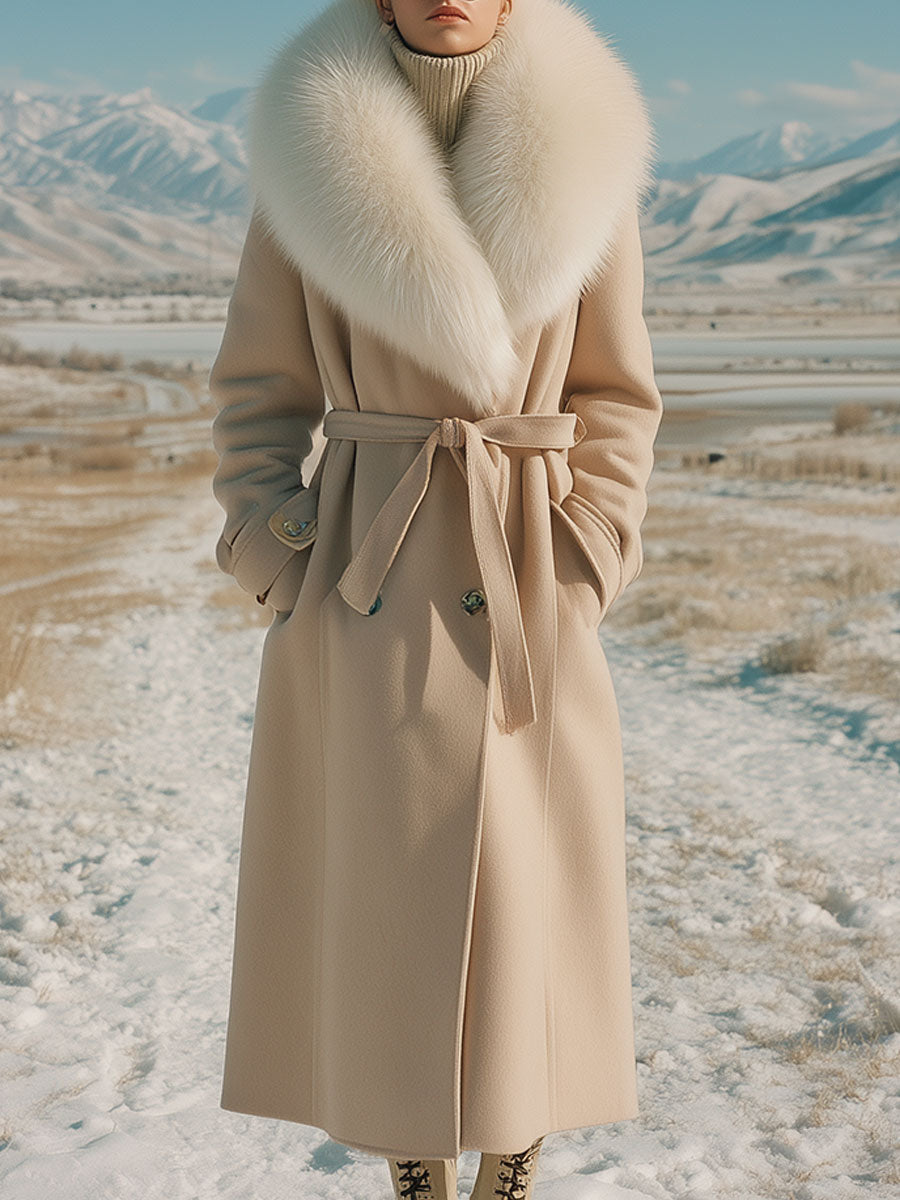 Retro Fashion Khaki Fur Collar Button Wool Coat