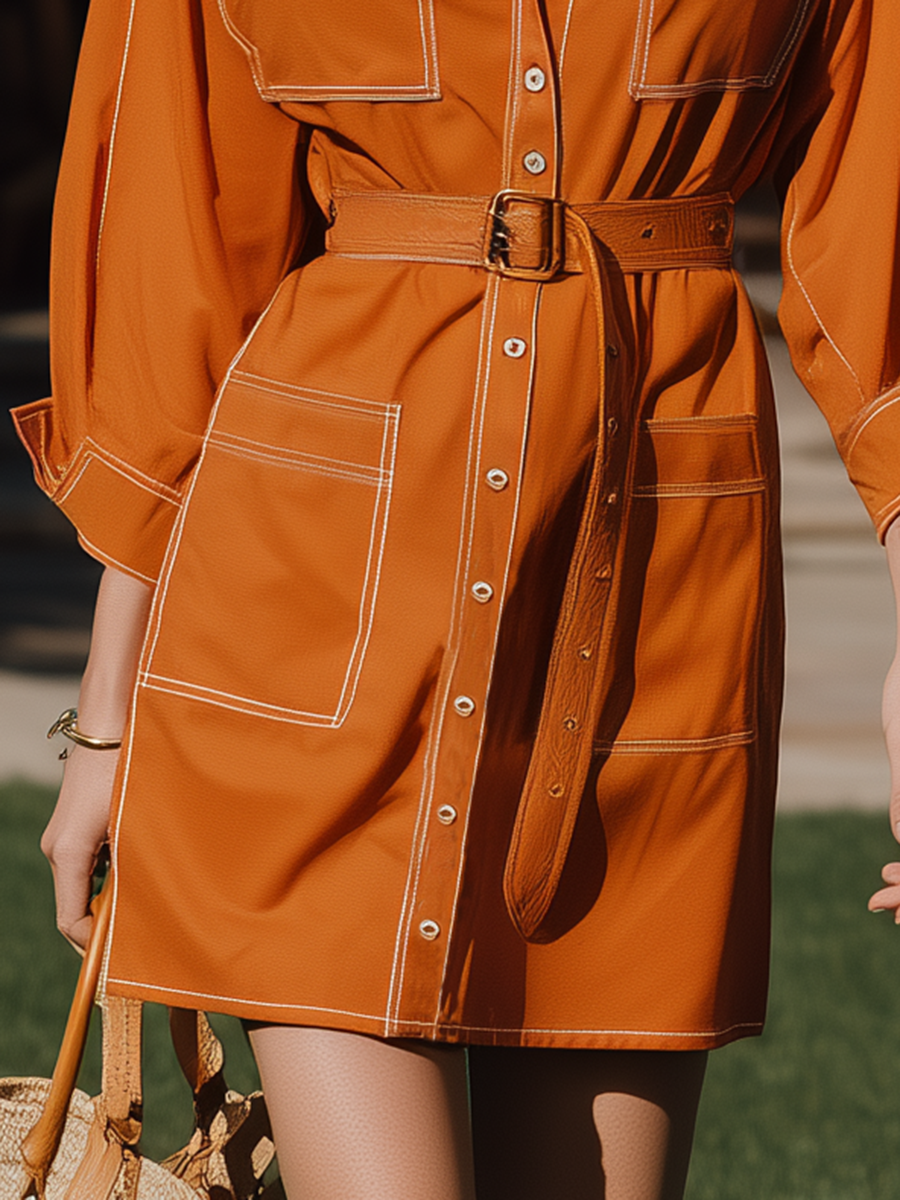 Vacation-style Shirt Collar Long-sleeved Mini Dress