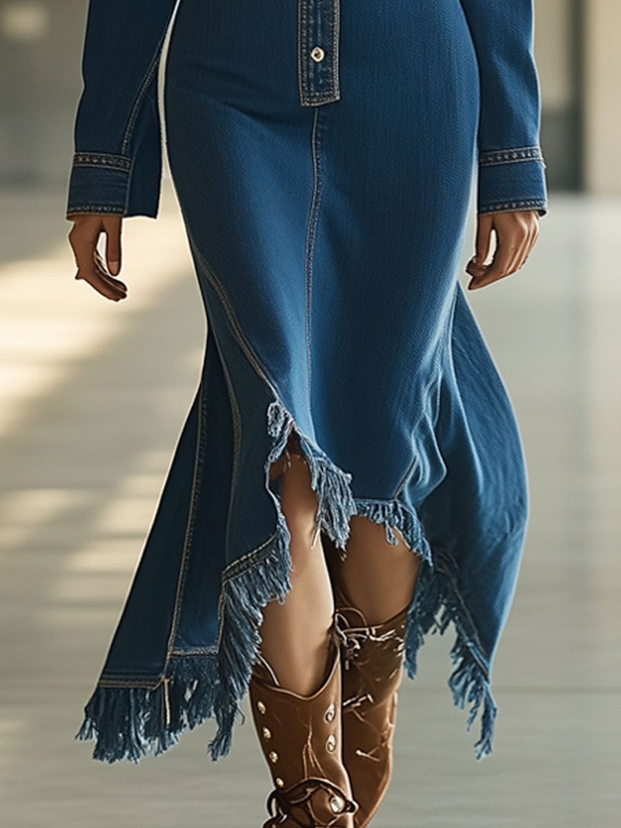 Vintage Blue Denim Long Sleeve Fishtail Irregular Raw Edge Midi Dress