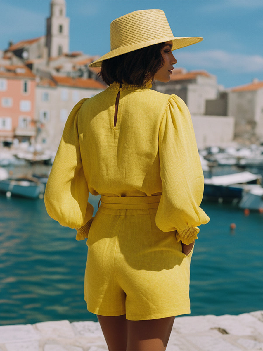 Romantic Bohemian Yellow Cotton Linen Top And Shorts Set