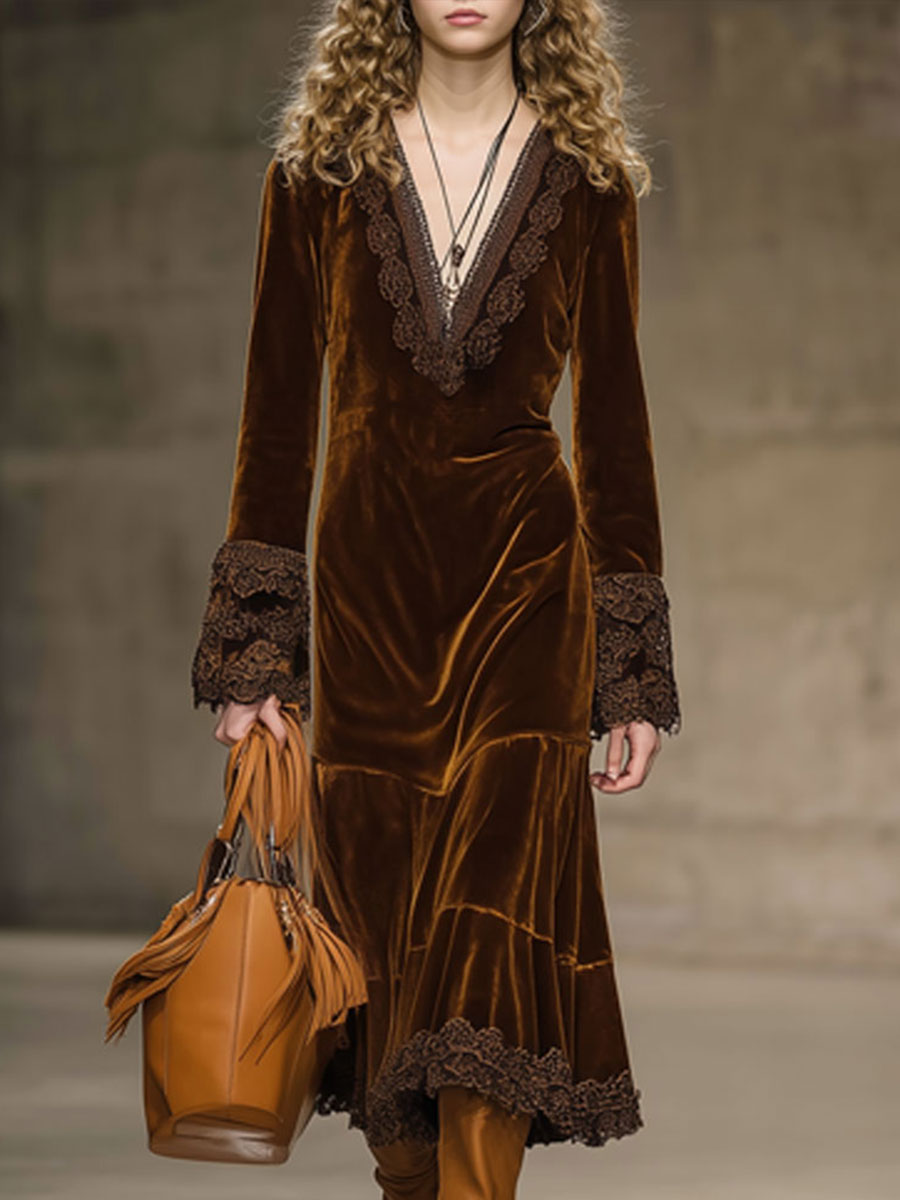 Vintage Caramel Brown Velvet Lace Long Sleeve Dress