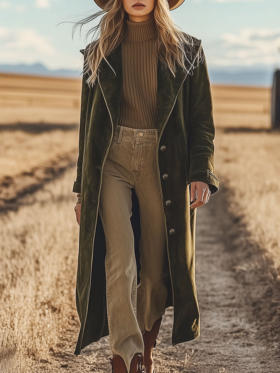 Western Vintage Army Green Suede Hooded Long Coat
