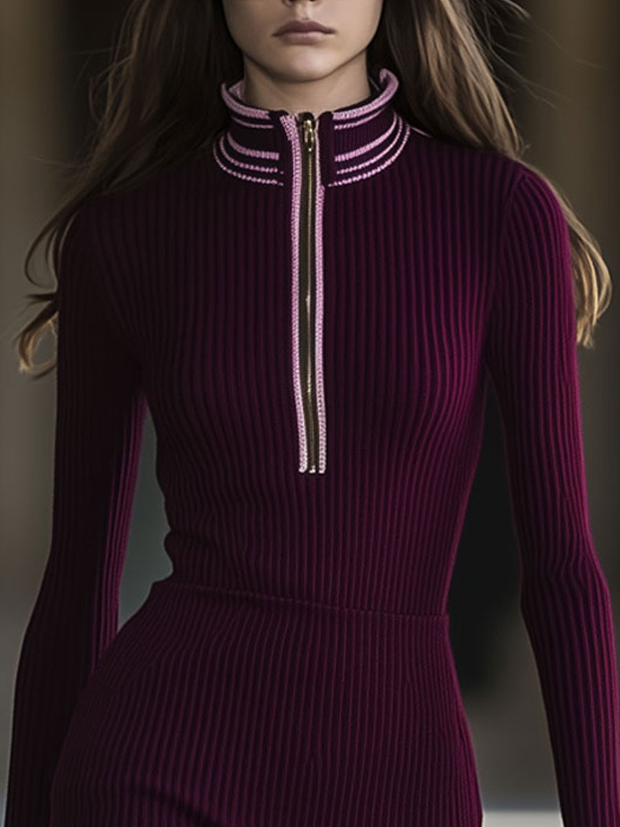 Elegant And Comfortable Burgundy Thin Wool Stand Collar Long Sleeve Mini Dress