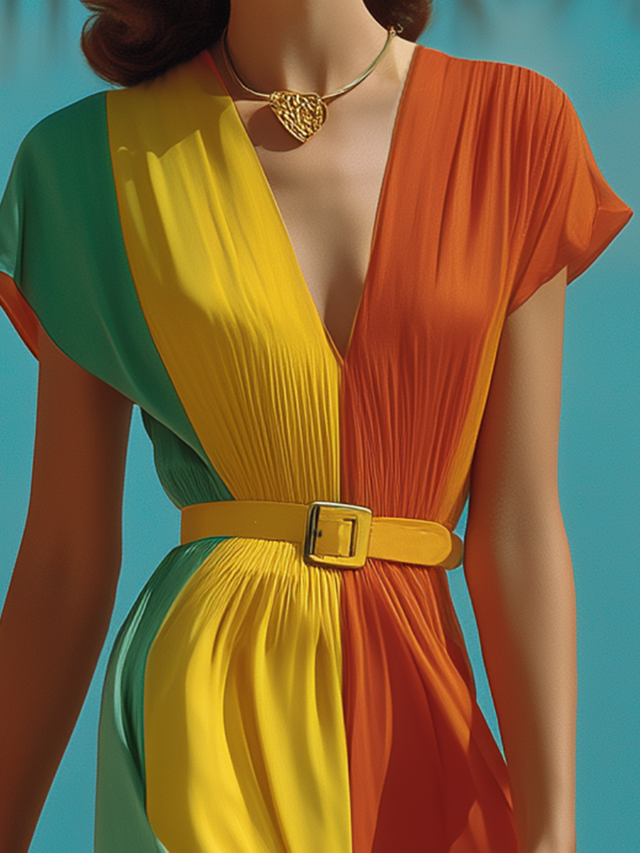 Vacation-style Color-blocked Patchwork Maxi Dress