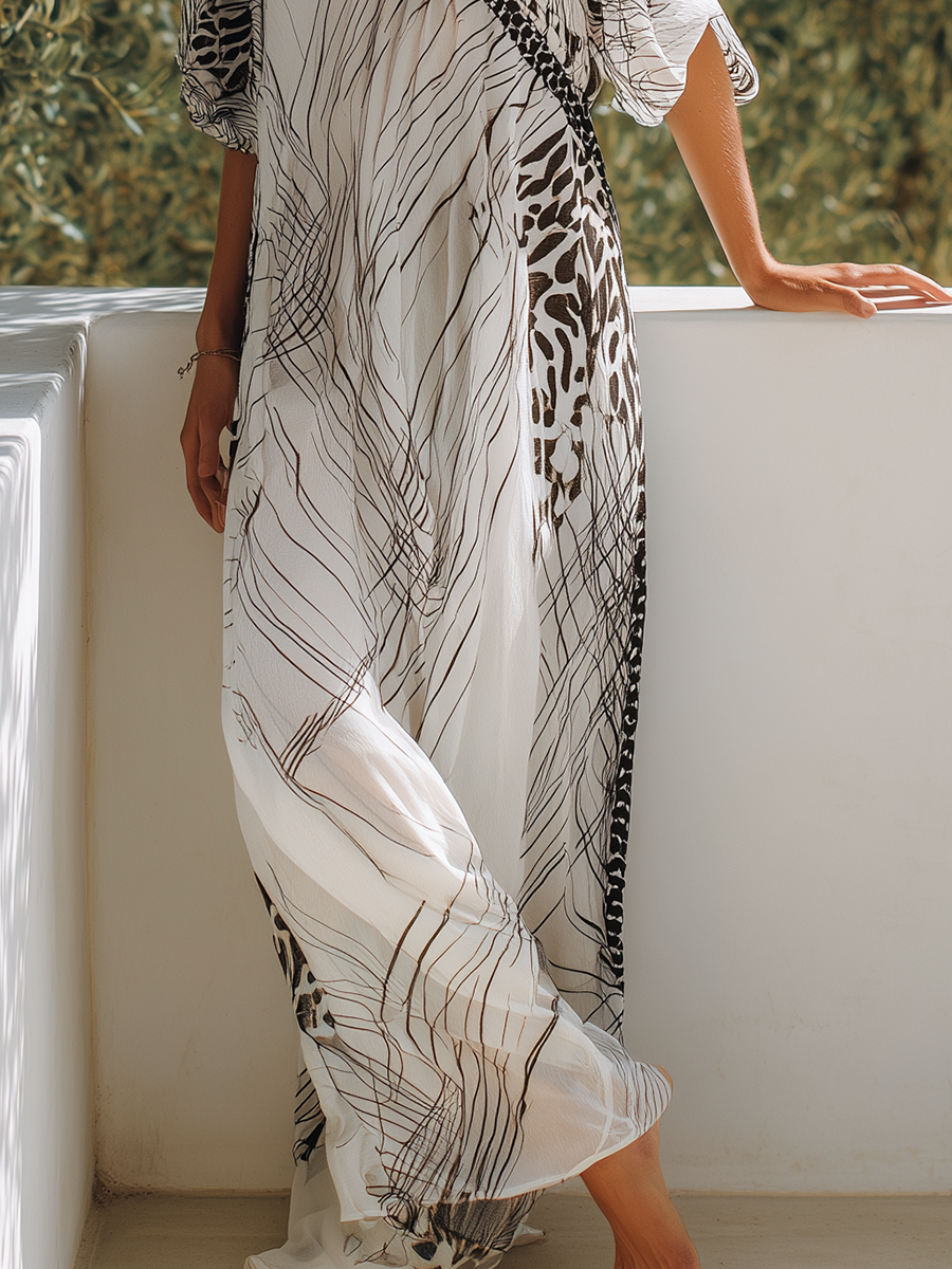 Simple And Stylish V-neck Printed Chiffon Maxi Dress