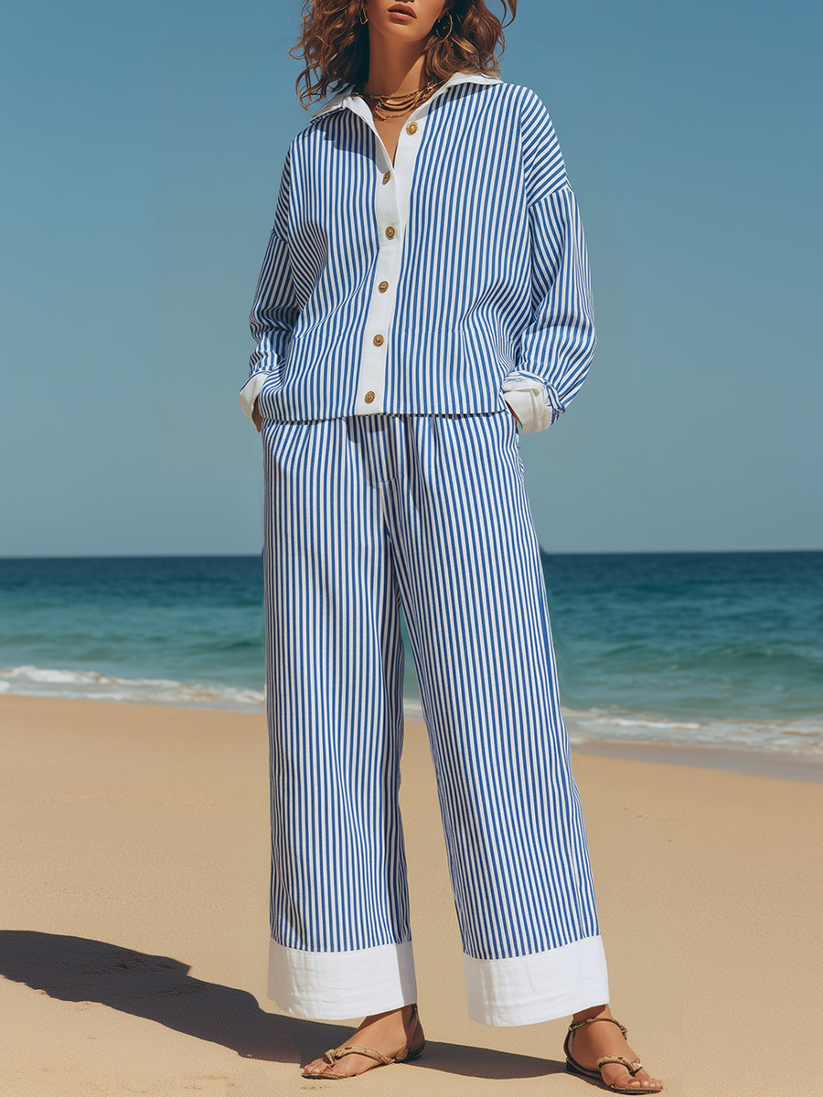 Resort-style Blue And White Striped Long-sleeved Shirt And Wide-leg Pants Set