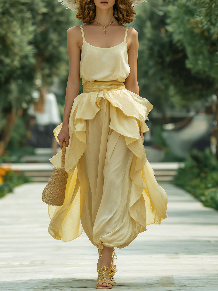 Vacation-style Yellow Spaghetti Strap Cotton Top And Chiffon Trousers Set.