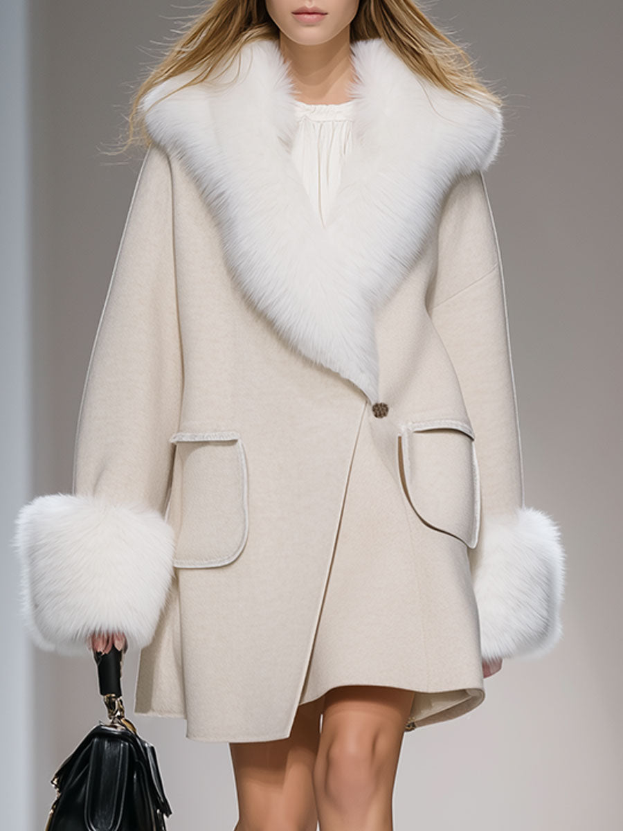 Elegant And Fashionable White Fur Collar Wool Coat