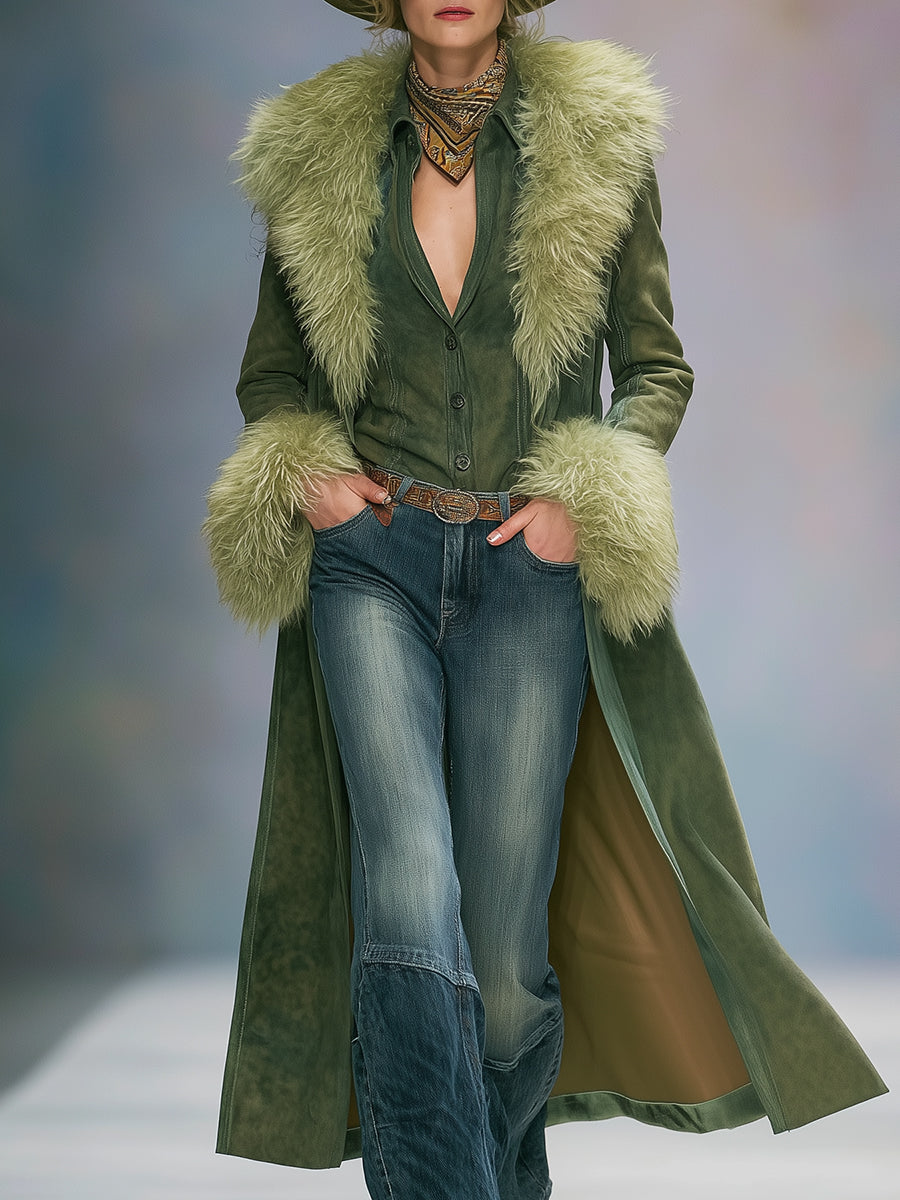 Fashion Vintage Faux Fur Trim Green Faux Suede Coat