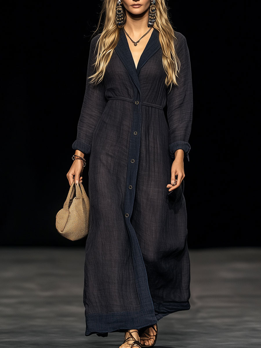 Casual And Comfortable Dark Blue Cotton And Linen Lapel Long-Sleeved Maxi Dress