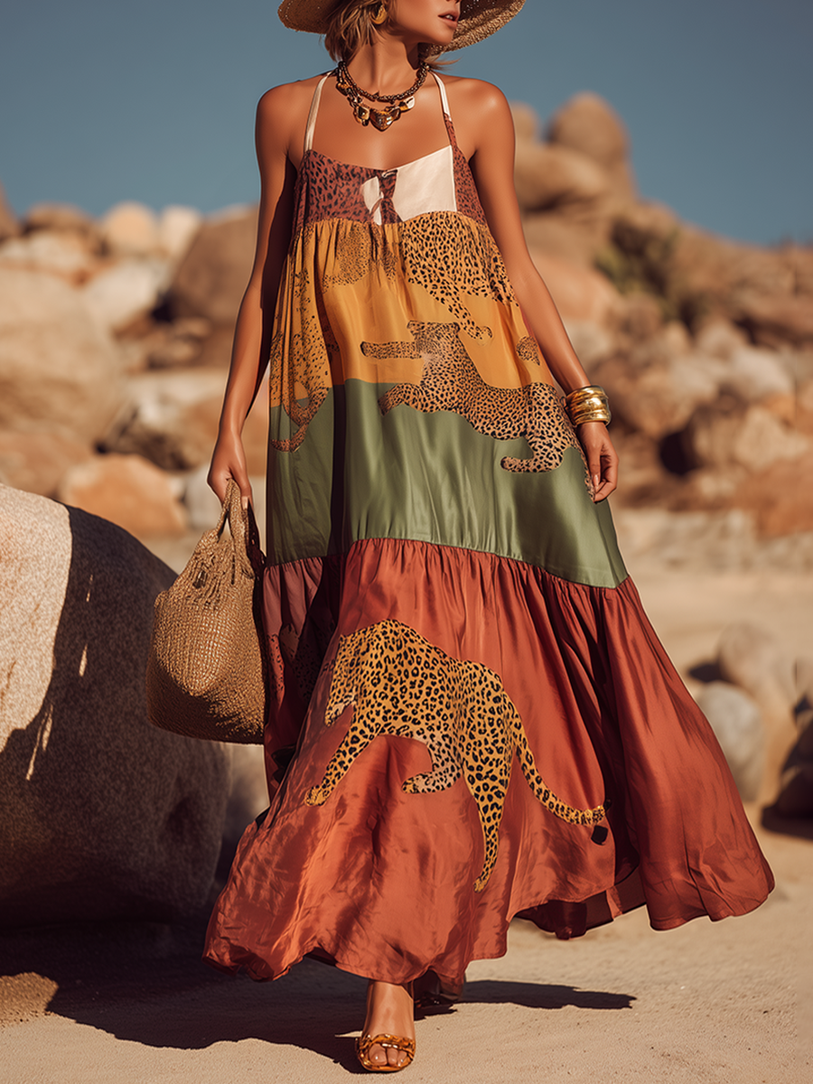 Retro And Stylish Animal Print Thin Straps Satin Maxi Dress