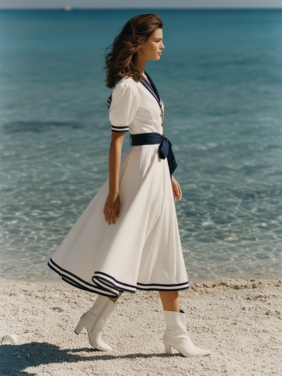 Navy Collar Resort Style White Short-sleeved Midi Dress