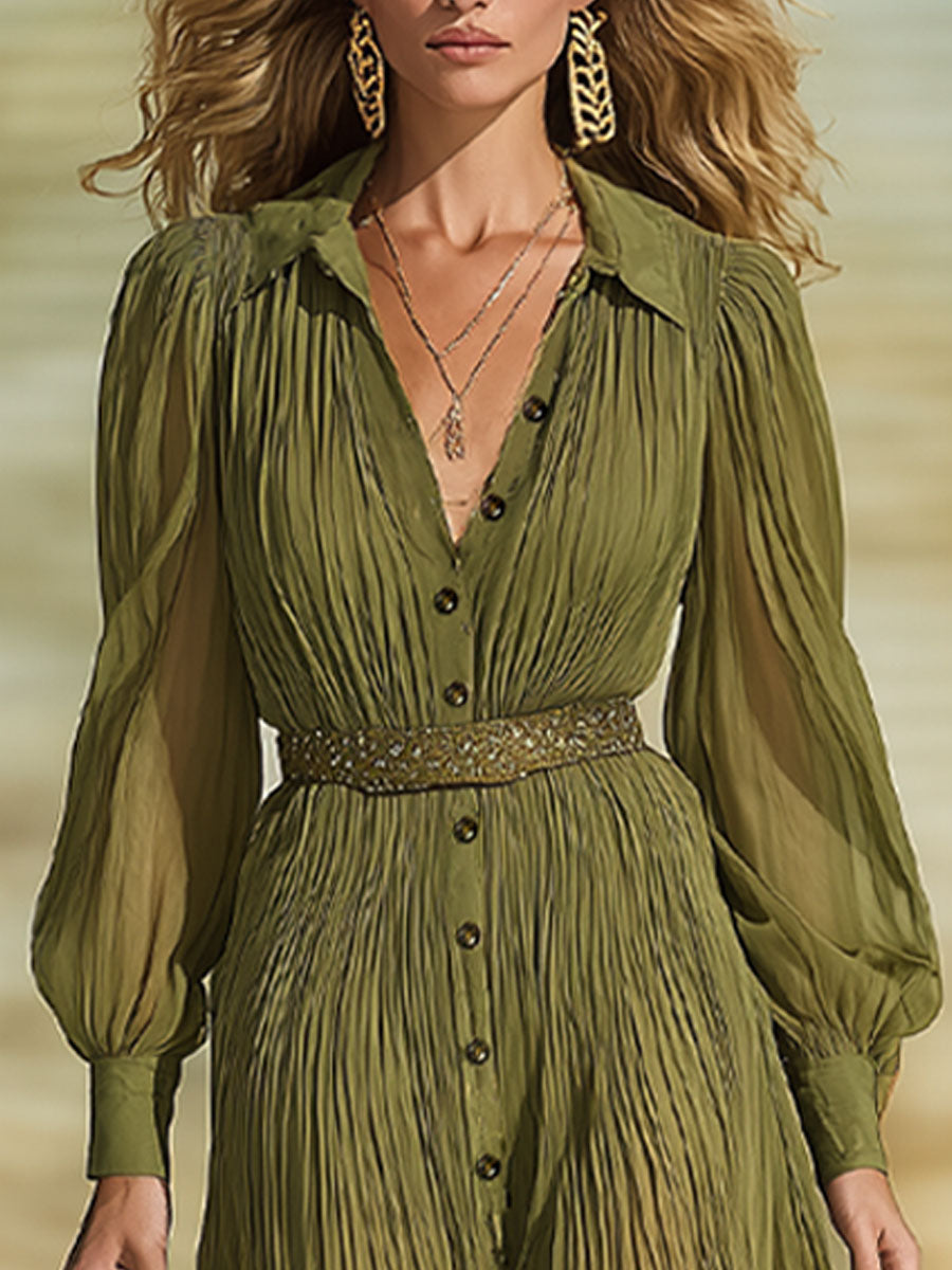 Fashionable Olive Green Chiffon Pleated Long-Sleeved Maxi Dress