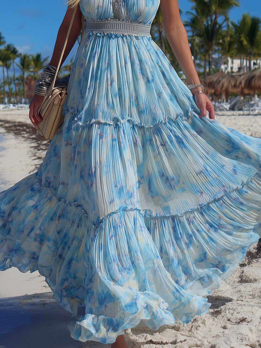 Bohemian Light Blue Chiffon Printed Halter Neck Pleated Maxi Dress