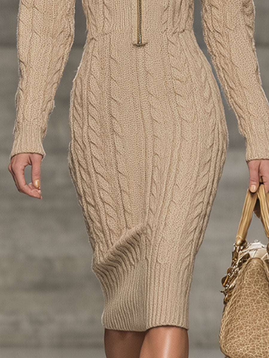 Fashionable And Casual Camel-Colored Cable-Knit Lapel Long-Sleeved Midi Dress