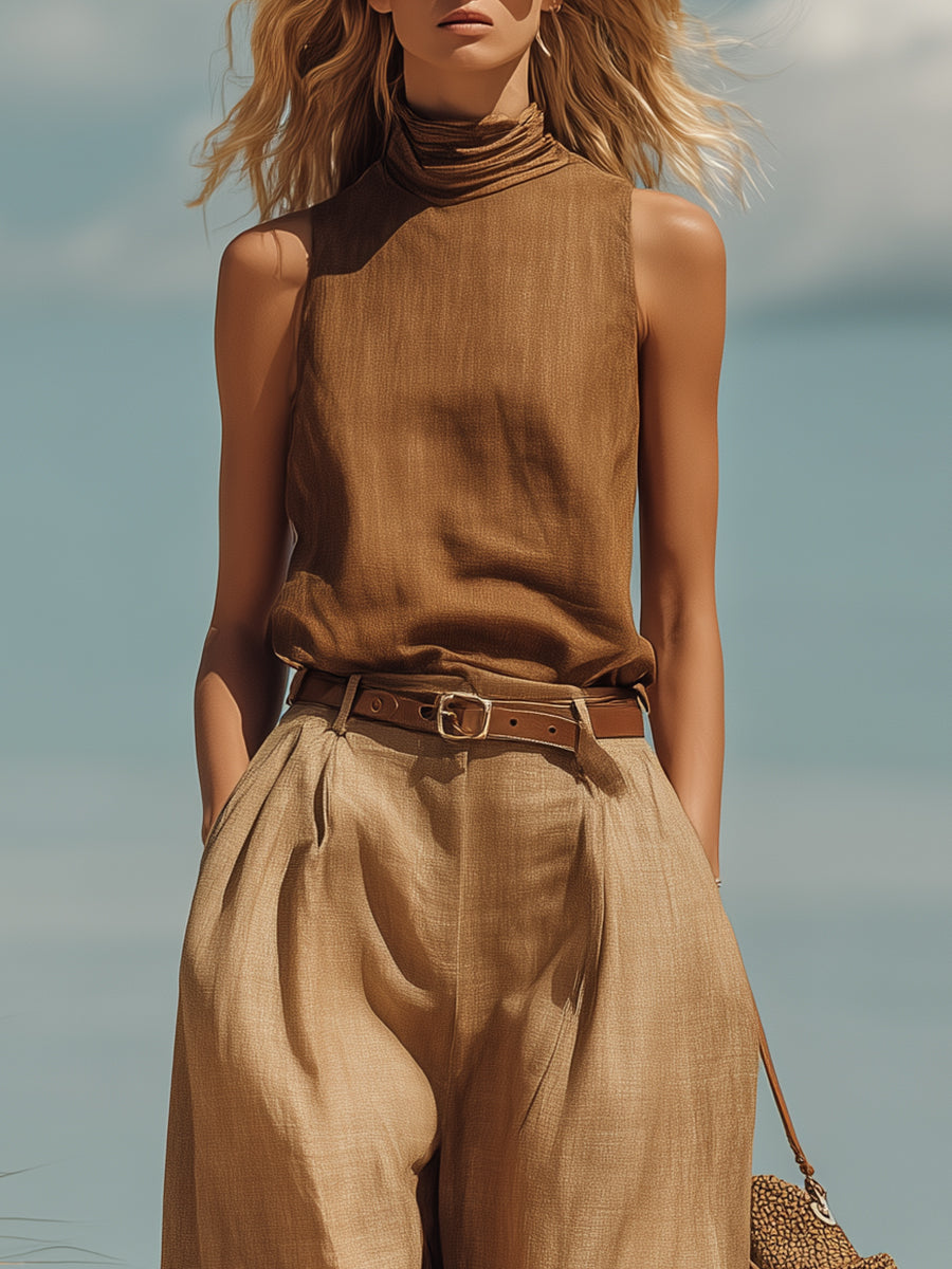 A Stylish Minimalist Walnut Brown Turtleneck Sleeveless Top And Camel Wide-leg Cotton-linen Set