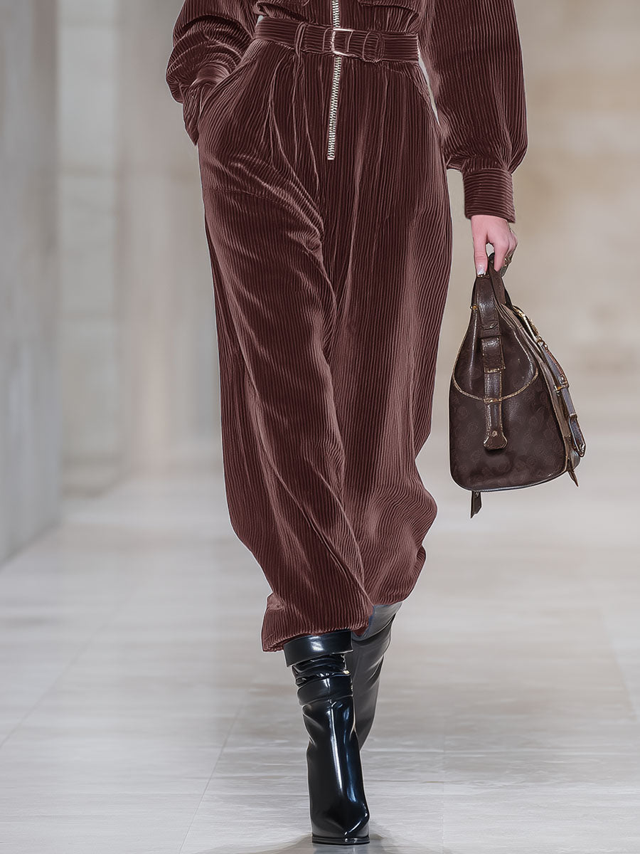 Retro And Fashionable Lapel Wide-leg Corduroy Jumpsuit