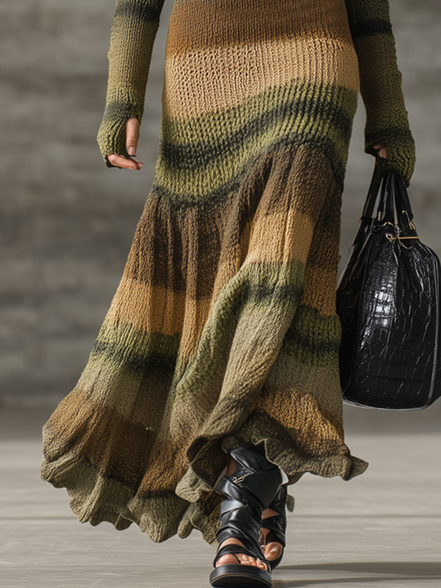 Vintage Striped Knitted Round Neck Long Sleeve Ruffled Maxi Dress