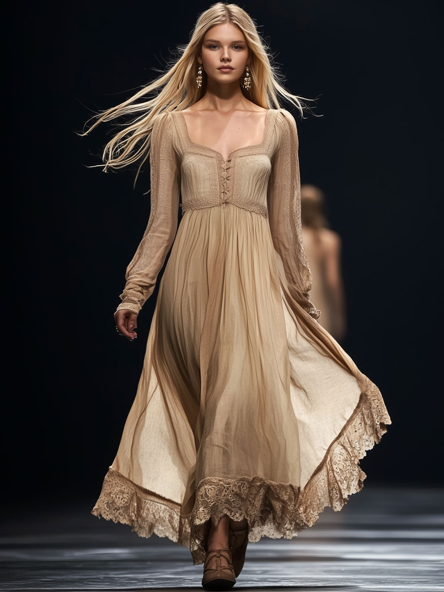 Elegant And Romantic Champagne Chiffon Lace Long-Sleeved Maxi Dress