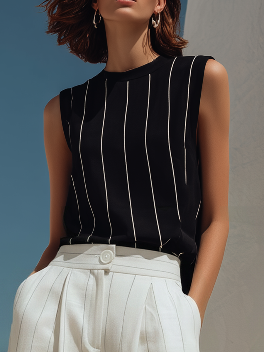 Resort-style Black And White Striped Sleeveless Top And Wide-leg Pants Set