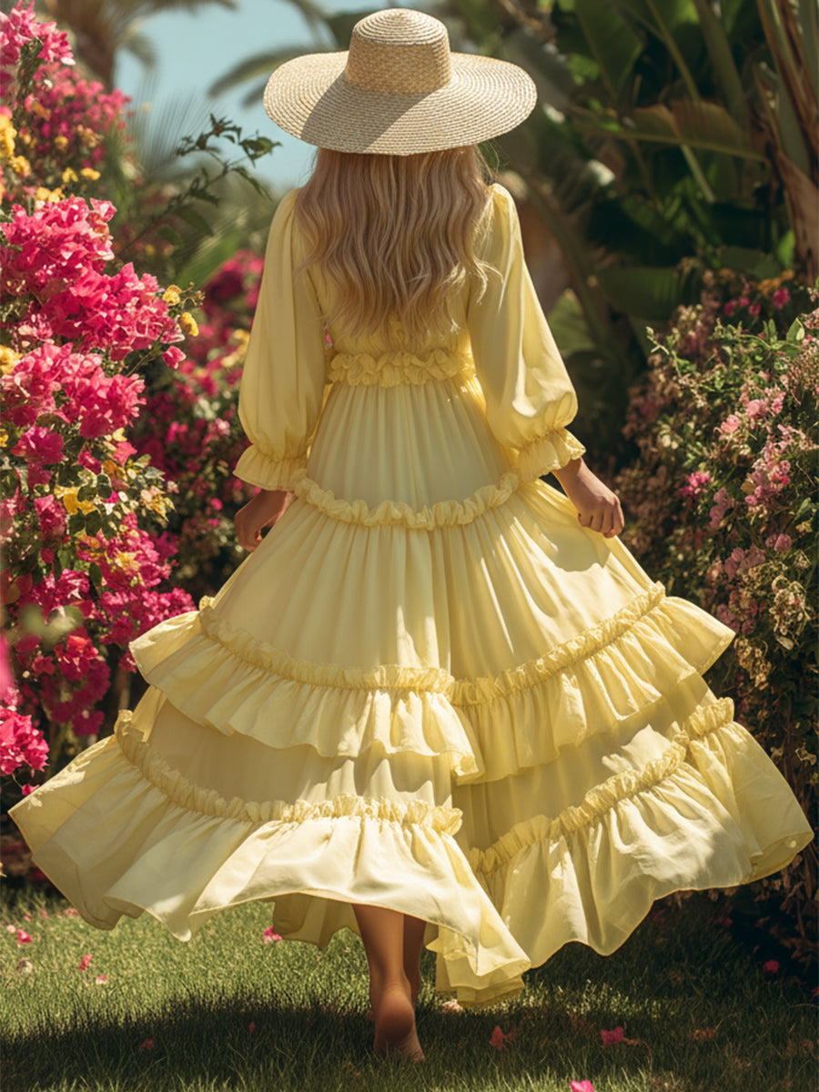 Bohemian Style Pale Yellow Multi-layered Cotton Ruffled Maxi Dress