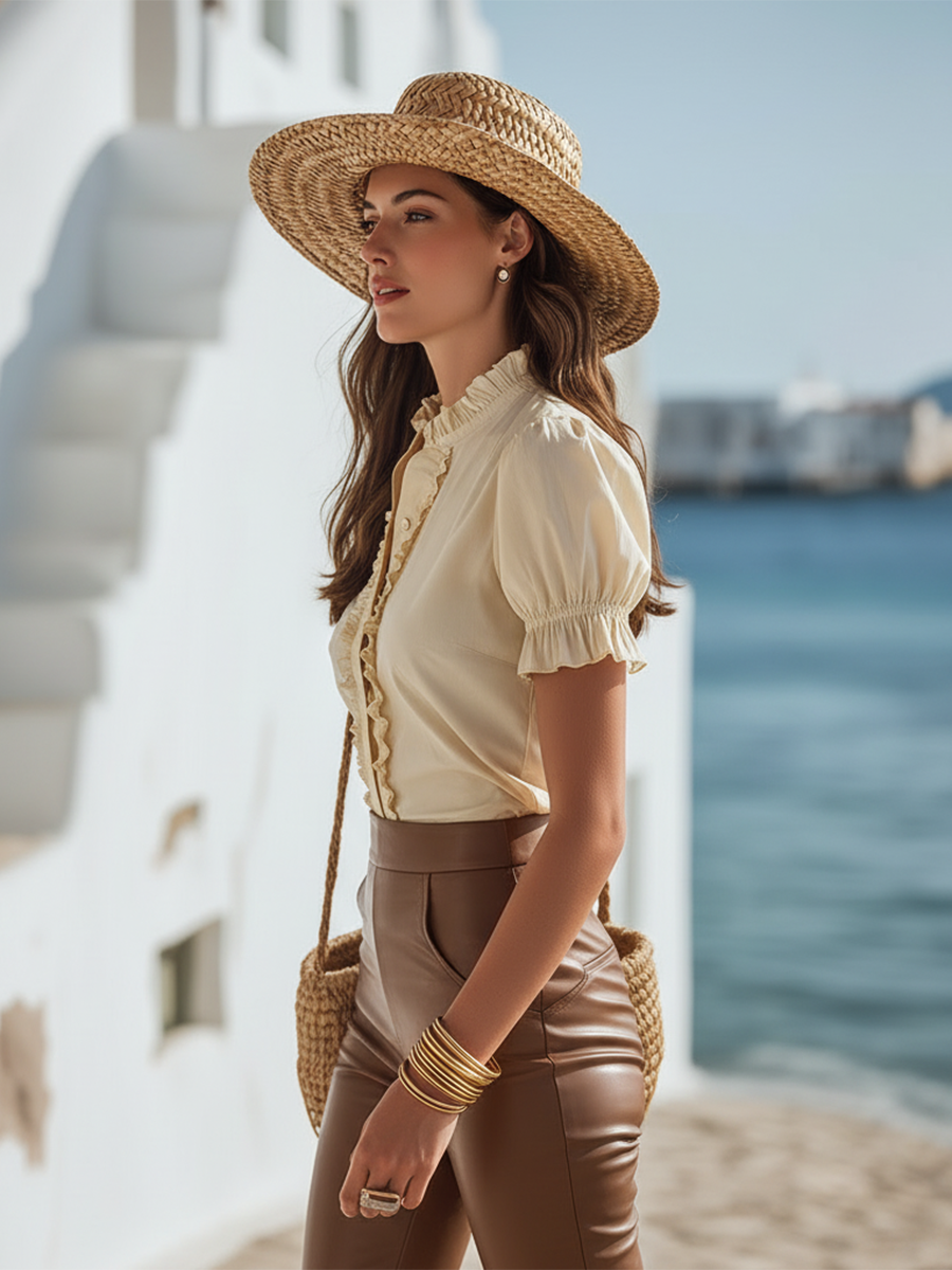 Retro Vacation Style Ruffled Short-sleeved Off-white Satin Top