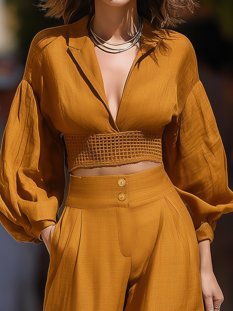 Vacation-style V-neck Patchwork Knit Long-sleeved Top And Pants Set