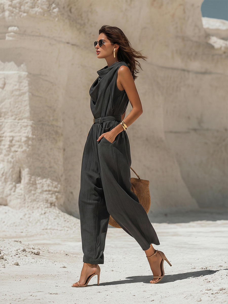 Stylish Gray Tencel Draped Top And Trousers Set