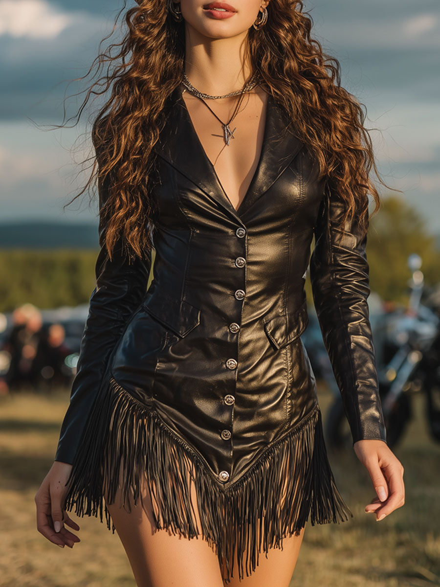 Vintage Black Faux Leather Tassel Long Sleeve Mini Dress