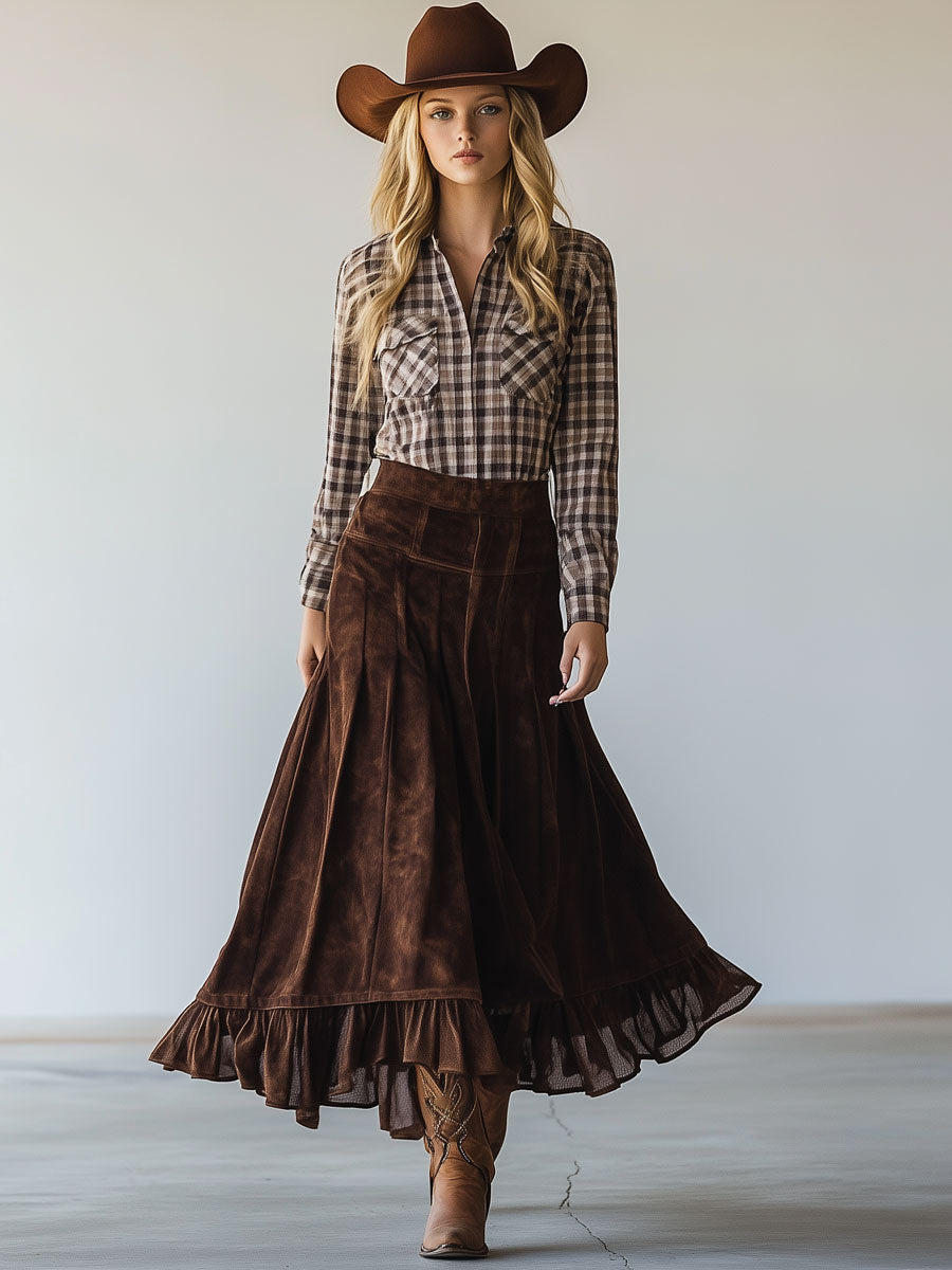 Vintage Cocoa Brown Suede Mesh Splicing A-Line Skirt