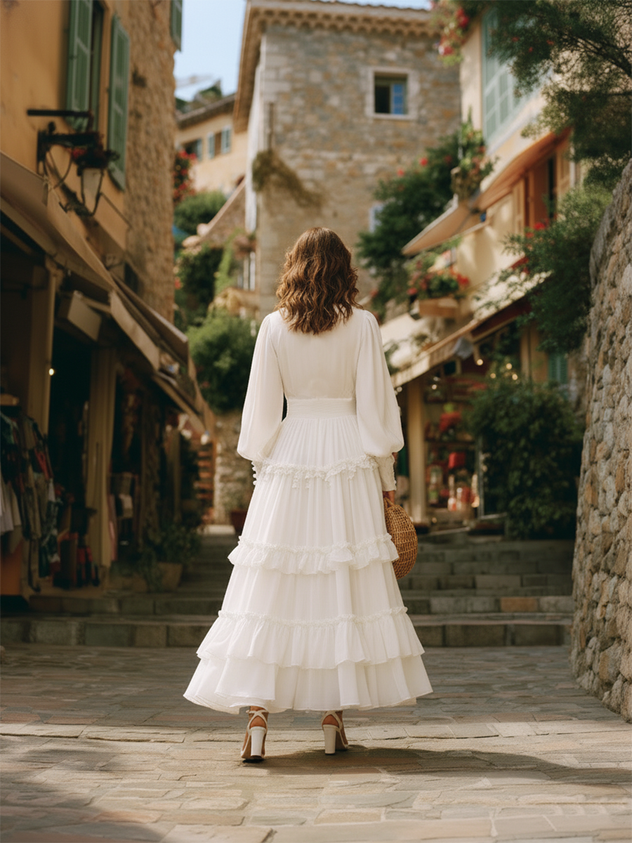 White Resort-style Chiffon Long-sleeved Maxi Dress