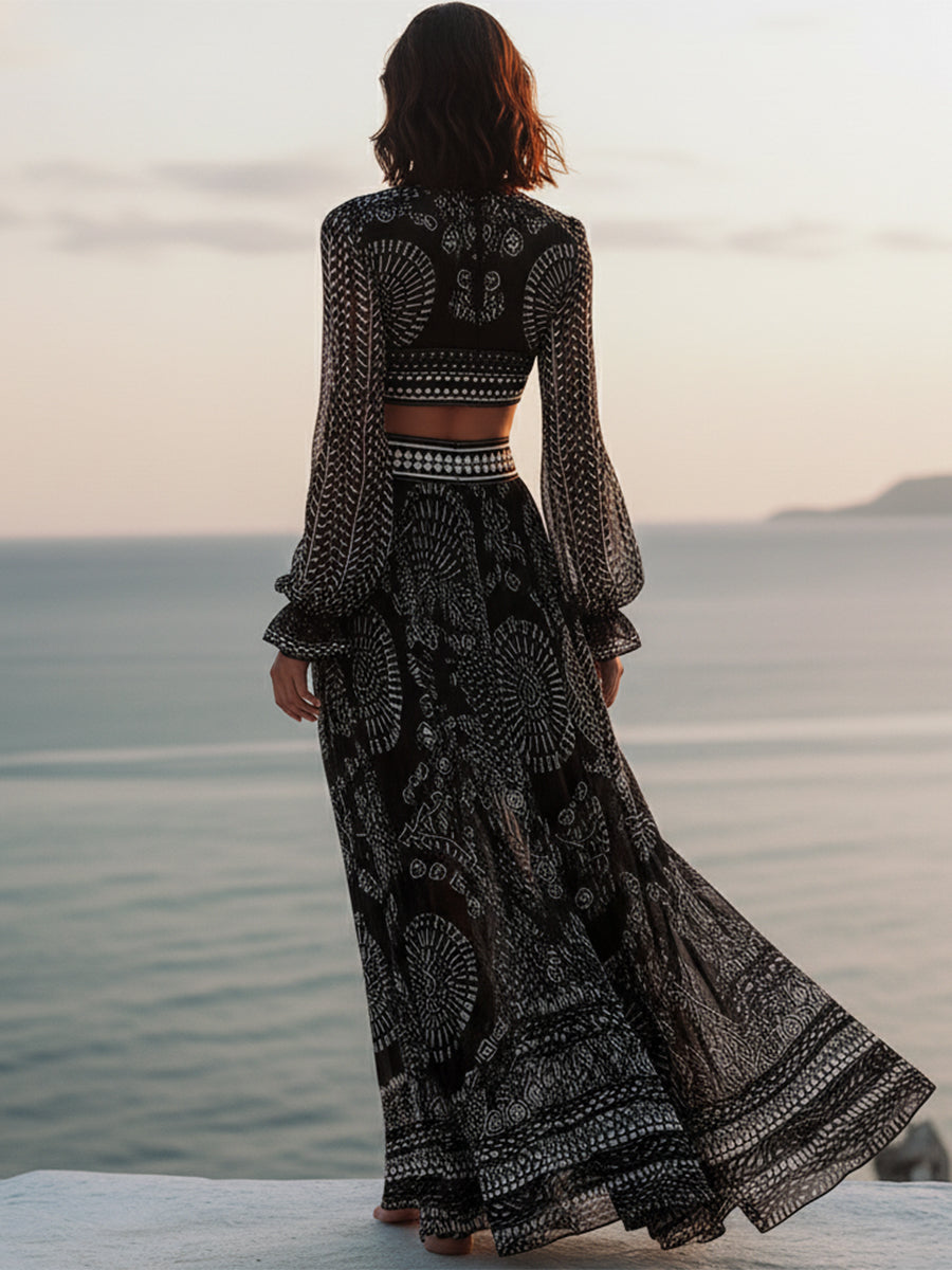 Bohemian Vacation Style Black And White Geometric Print Chiffon Long-sleeved Cropped Top And Slit Skirt Set